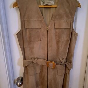 Vintage World Knits suede belted v-neck vest. Gold buckle and front zippered